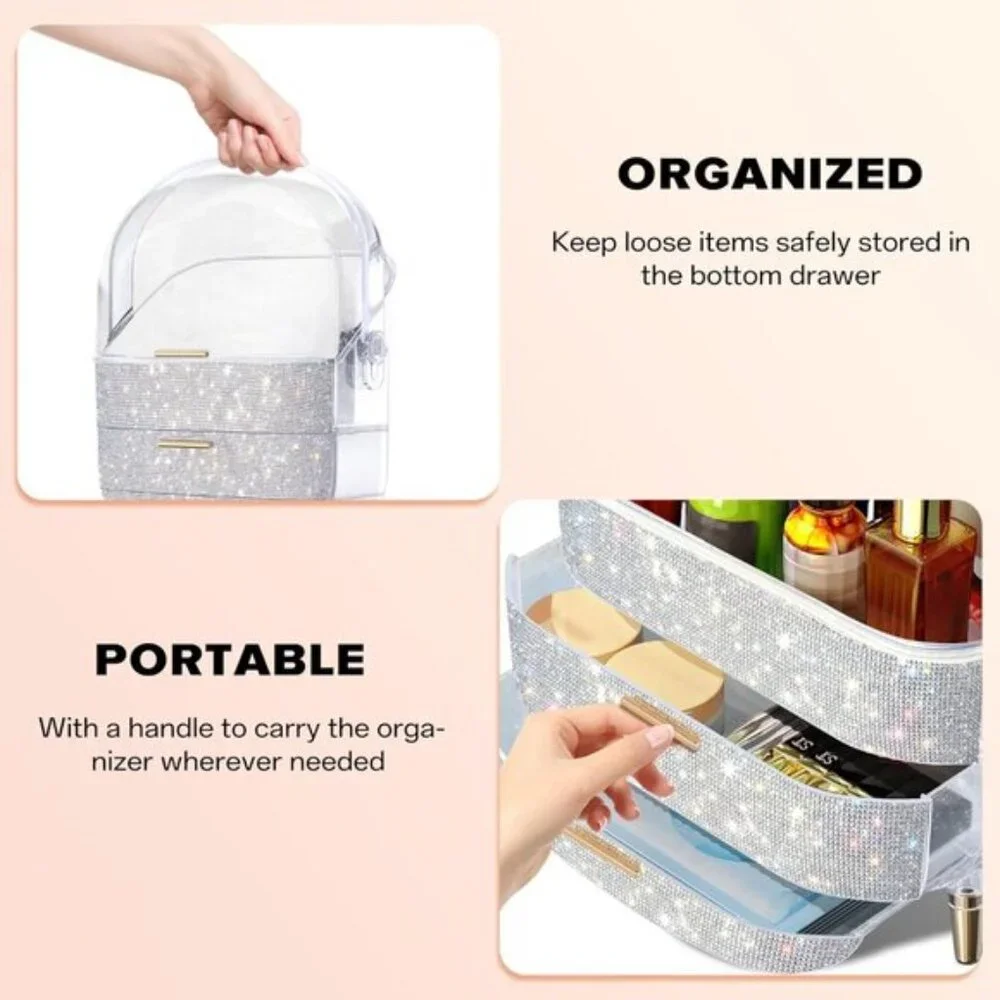 Egg Shape Makeup Storage Box, Portable Preppy Vanity Organizer with Rhinestones